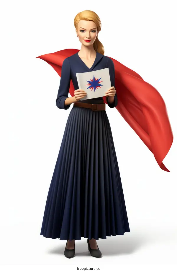 Superhero Woman with Red Cape and Book