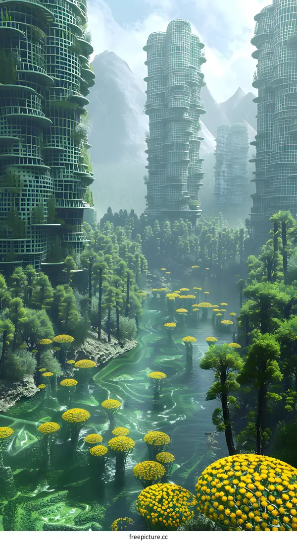 futuristic city surrounded by lush greenery