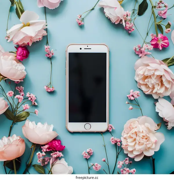 Pink Flowers and a Smartphone on a Blue Background