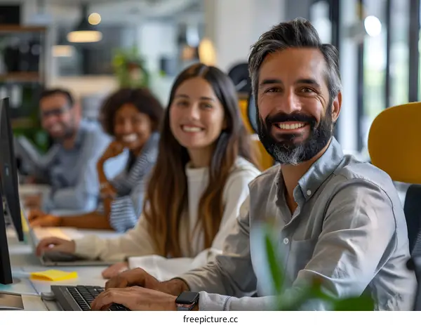 portrait of a smiling businessman with his colleagues in the background