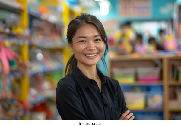 Portrait of a smiling Asian female teacher standing in a classroom
