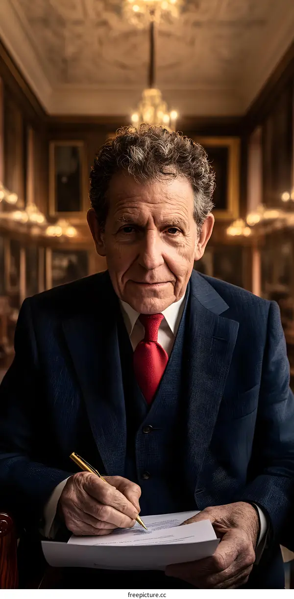 Portrait of a Serious Man Signing a Document in a Formal Setting