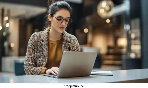 Business Woman Working on Laptop in Modern Cafe