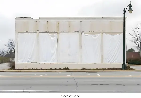 Closed Up Building with White Tarps Covering Windows
