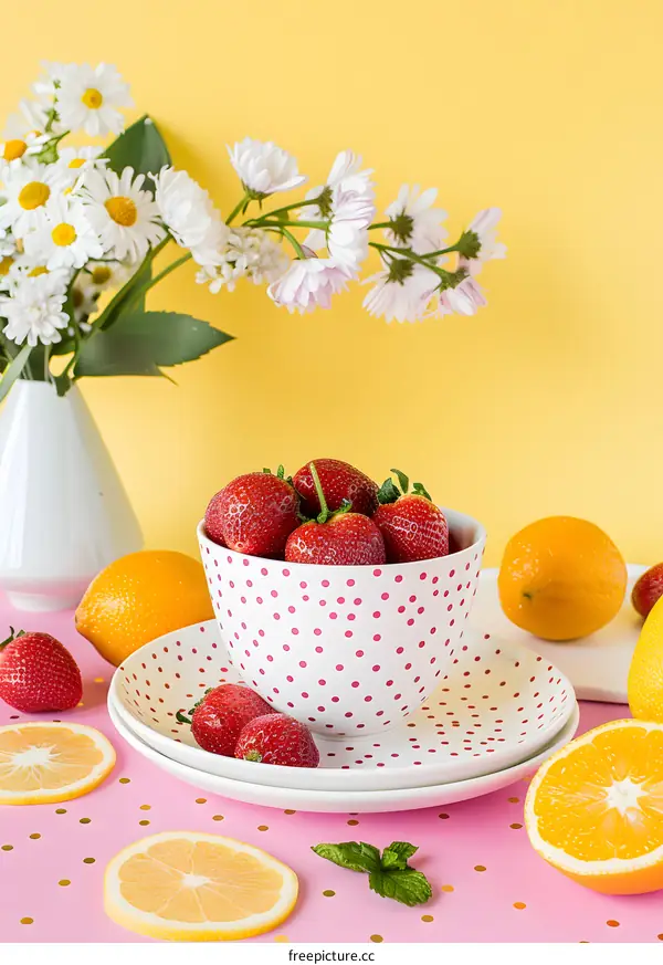 Pink Polka Dot Bowl with Strawberries and Lemons on a Pink Background