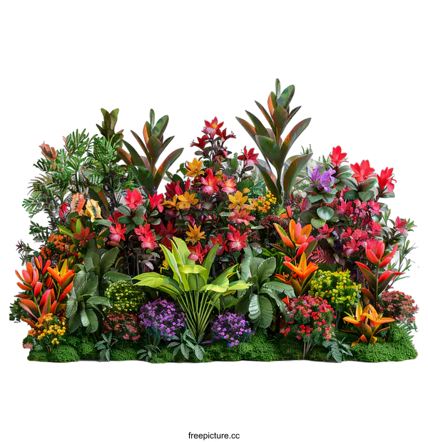 [Transparent Background PNG]A lush tropical garden with a variety of plants and flowers