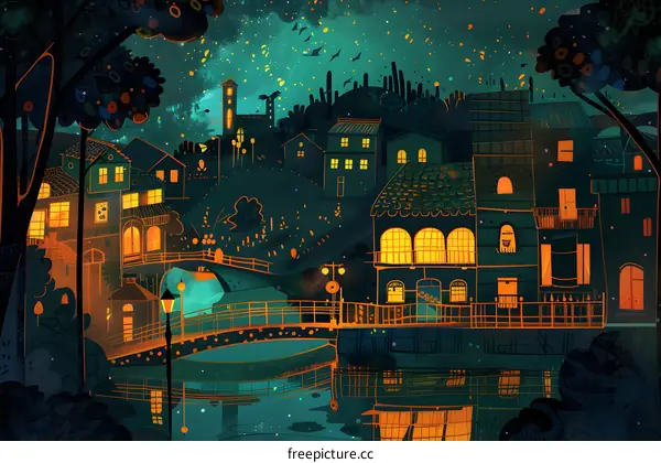 Nighttime Illustration of a Small Town With a Bridge and a River