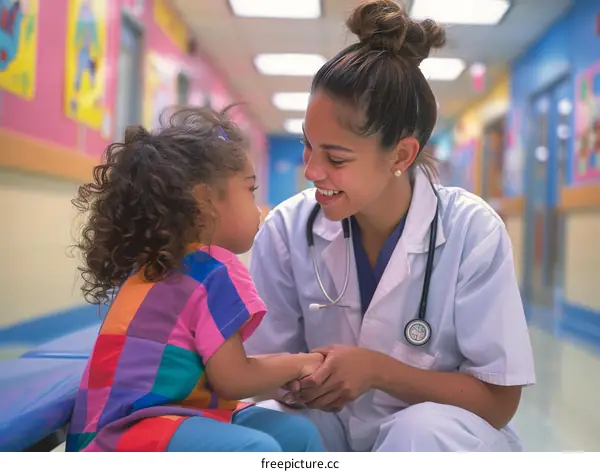 Doctor talking to a little girl in a hospital hallway