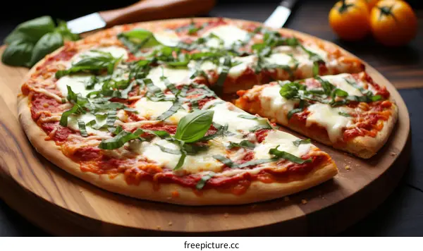 A delicious pizza with basil leaves on top