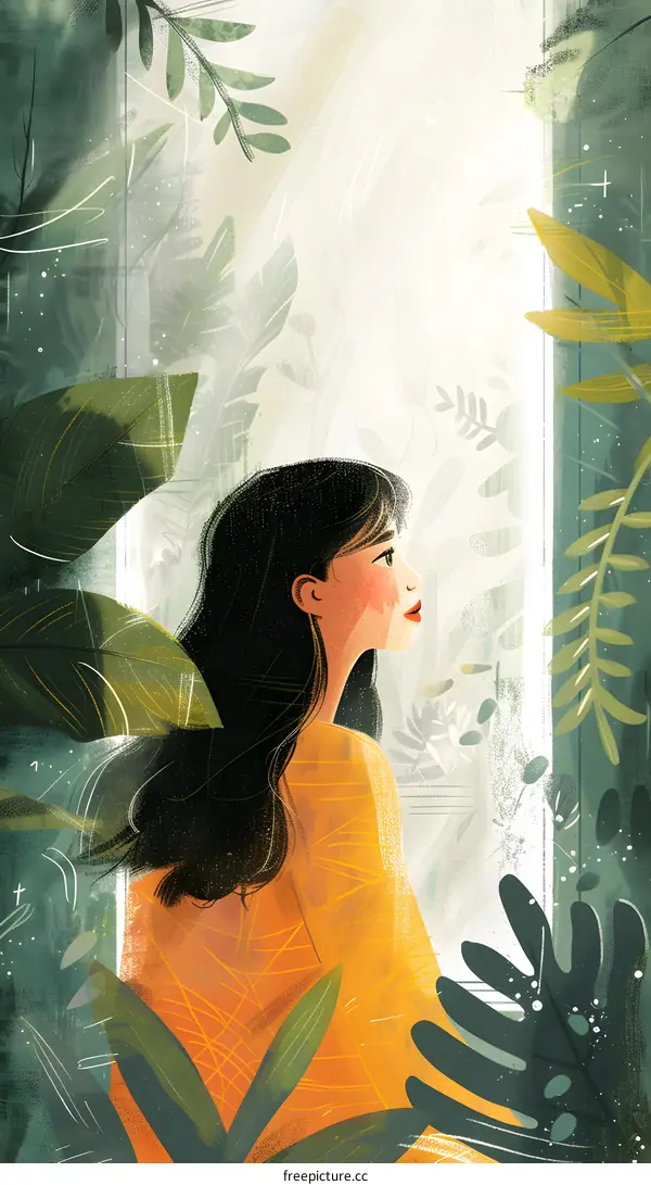 Woman Gazing Out Window Surrounded by Greenery