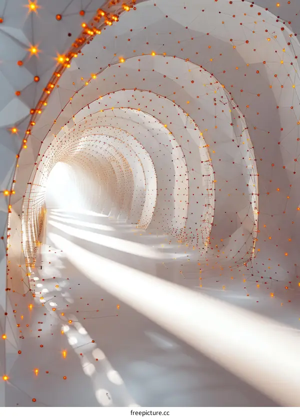 Glowing Orange Dots Tunnel with White Grid Structure