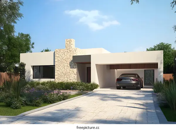 Modern House with Stone Wall and Car in Front