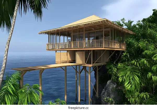 Tropical Bamboo House On Stilts Over Water