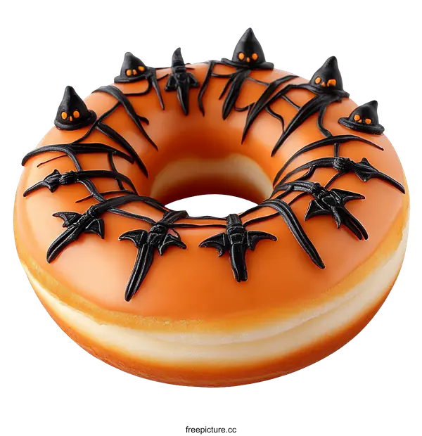 [Transparent Background PNG]Halloween Orange Glaze Donut with Spooky Decor