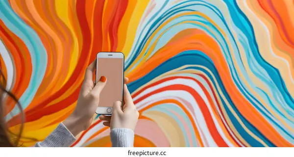 Woman Using Smartphone Against Colorful Abstract Background