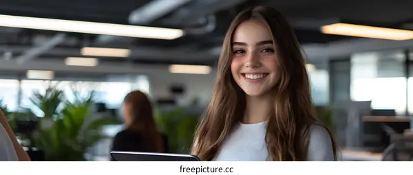 Smiling Woman Holding Tablet in Office