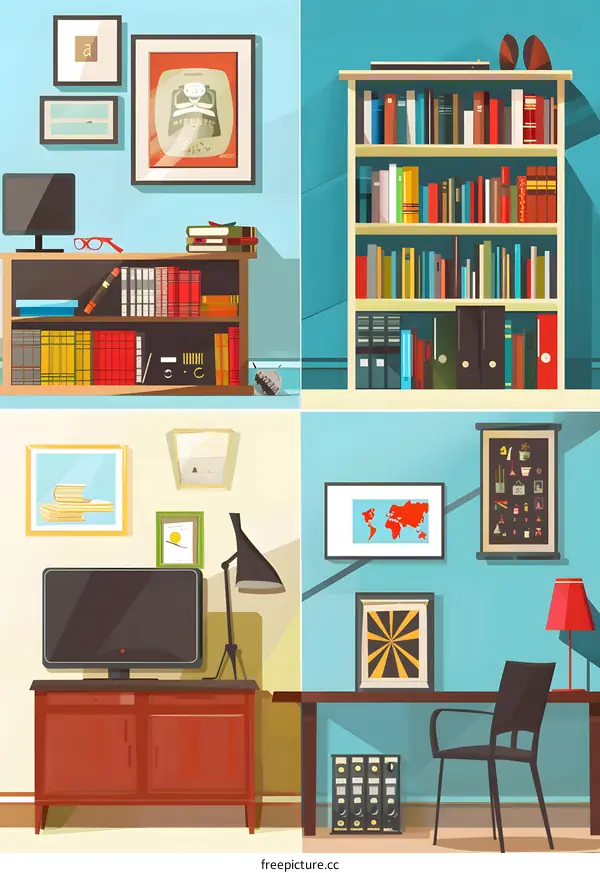 Home Office Interior Design Illustration with Bookshelves and Desk