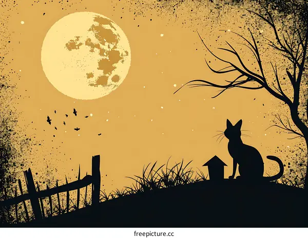Black Cat Silhouette Under Full Moon Night Sky