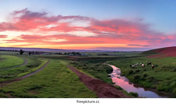 Cows grazing in a lush green field during sunset