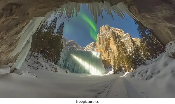 Frozen Waterfall and Northern Lights in the Mountains