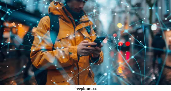 Businessman using smartphone with network connections in the city