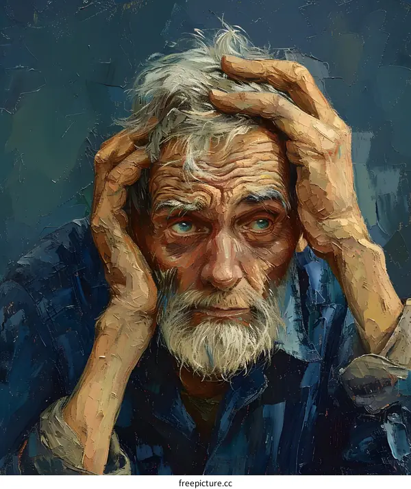 Portrait of an old man with hands on head