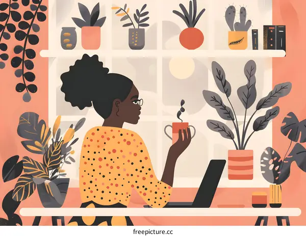 Woman Working From Home With Plants and Laptop