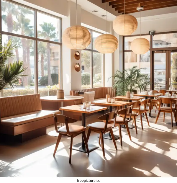 Modern restaurant interior with large windows and wooden furniture