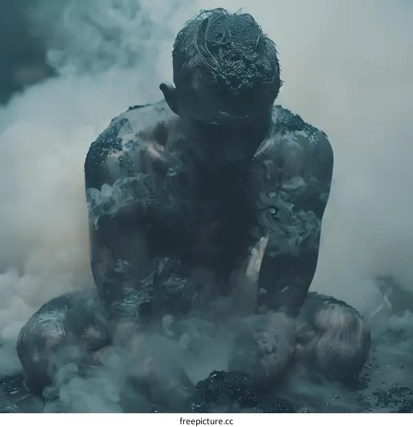 Man Covered in Mud Sitting in Smoke