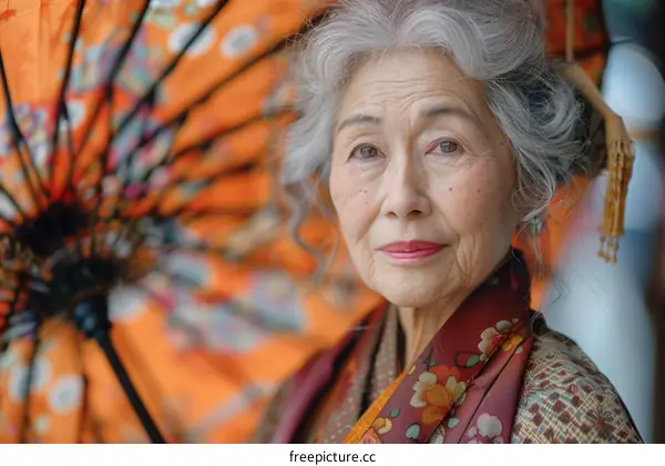 Portrait of a beautiful elderly Japanese woman in traditional kimono with orange umbrella