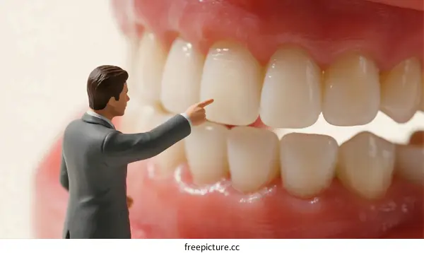 Miniature Figure Pointing at Teeth in Dental Model