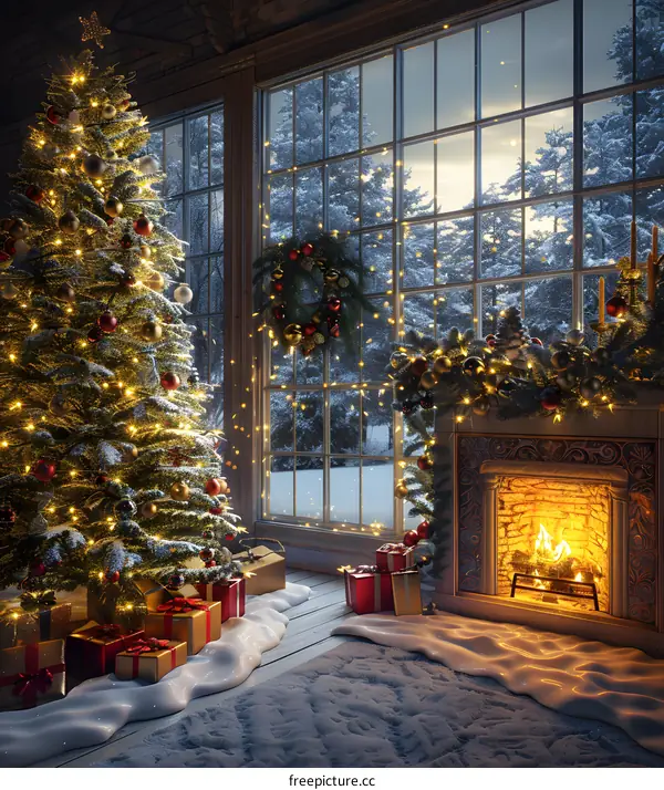 Christmas tree by the fireplace