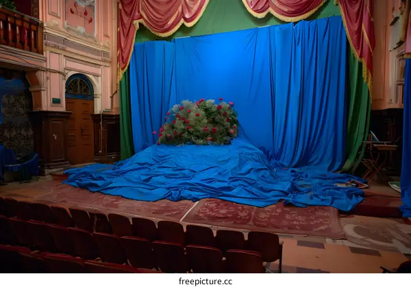 Blue Curtains And Flowers On An Empty Stage In An Old Theatre