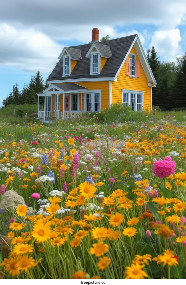 Small yellow cottage house surrounded by a field of wildflowers