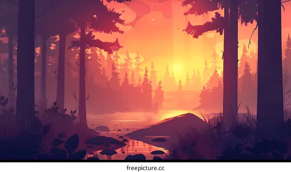 Sunset Landscape Illustration with Forest and Bridge