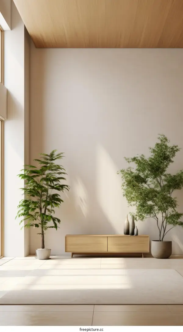Airy and bright living room with large windows and plants