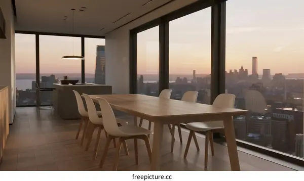 Modern Dining Room with Floor-to-Ceiling Windows and City View