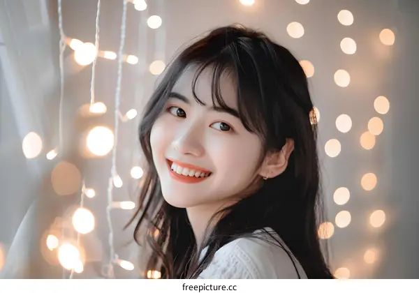 Smiling Asian Woman with Fairy Lights