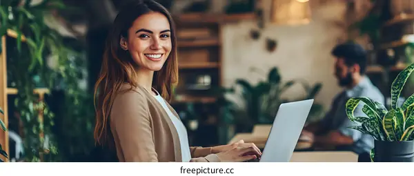Smiling Woman Working on Laptop in Cafe