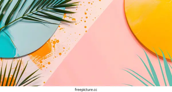 Tropical Leaf Background with Colorful Shapes and Splashes of Paint