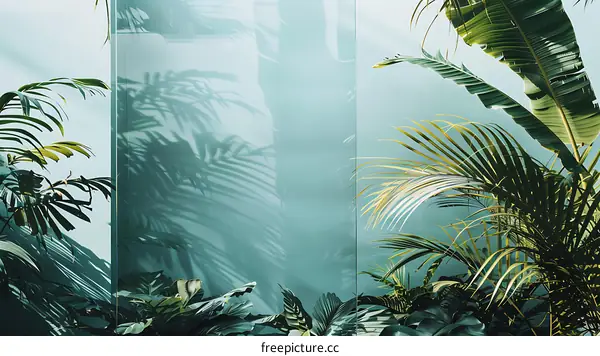 Minimalist Green Wall With Palm Leaves and Shadows