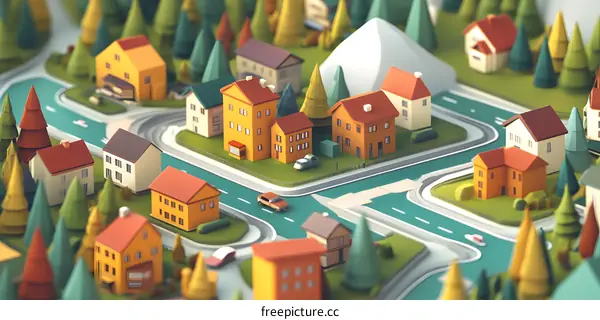 Miniature Papercraft Model Of A Town With Houses And Trees