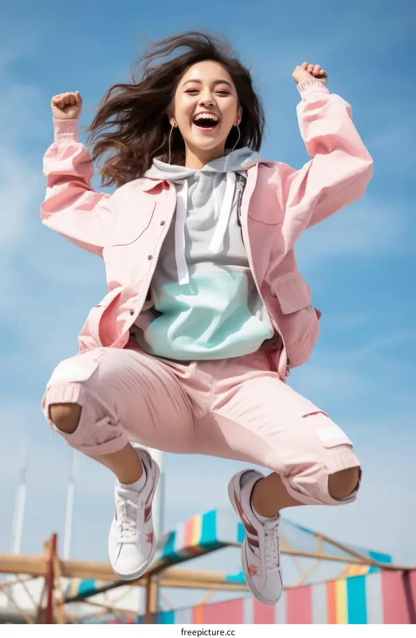 Cheerful young Asian woman jumping in the air