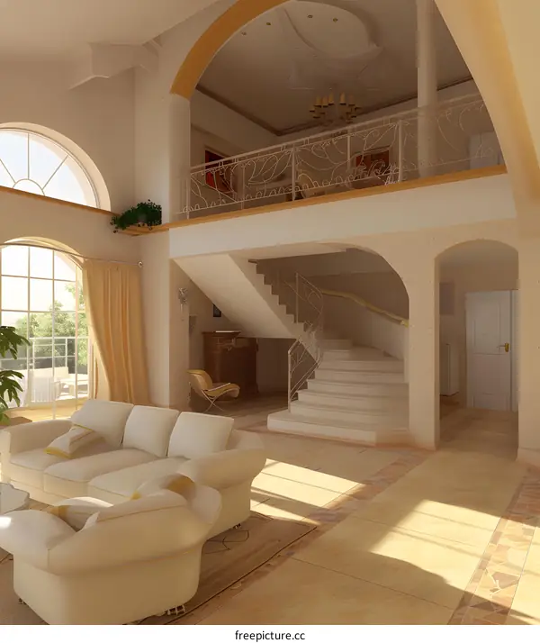 Luxury Interior Design with Curved Staircase and Large Windows