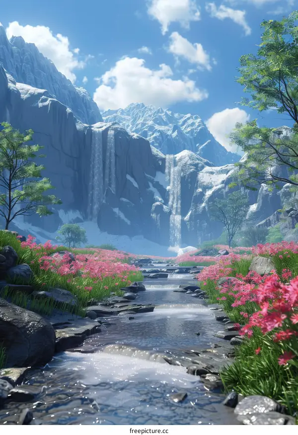 Stunning Waterfall in Mountain Valley with Flowers and Snow