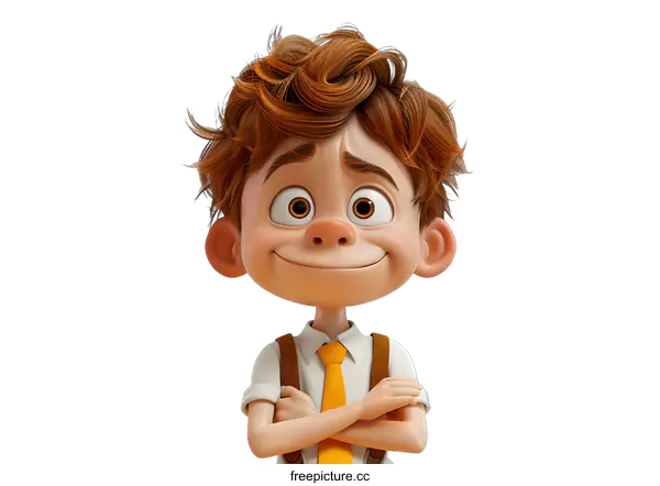 [Transparent Background PNG]A 3D illustration of a boy with brown hair and brown eyes, wearing a white shirt and yellow tie
