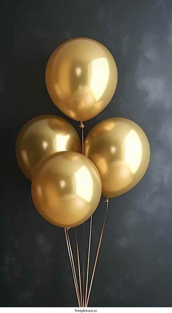A cluster of four gold balloons on a dark background