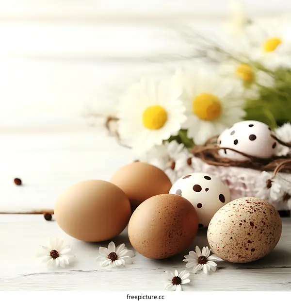 Easter Eggs Decorated with Flowers on Wooden Background