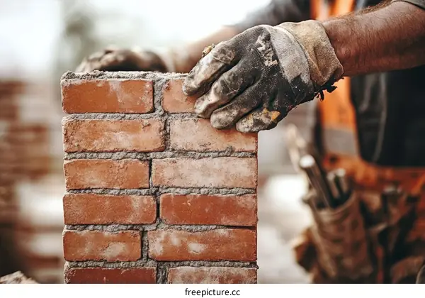 Bricklayer Placing Bricks in a Wall