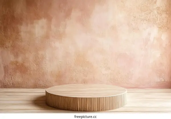 Wooden Round Display Podium Against Rustic Wall